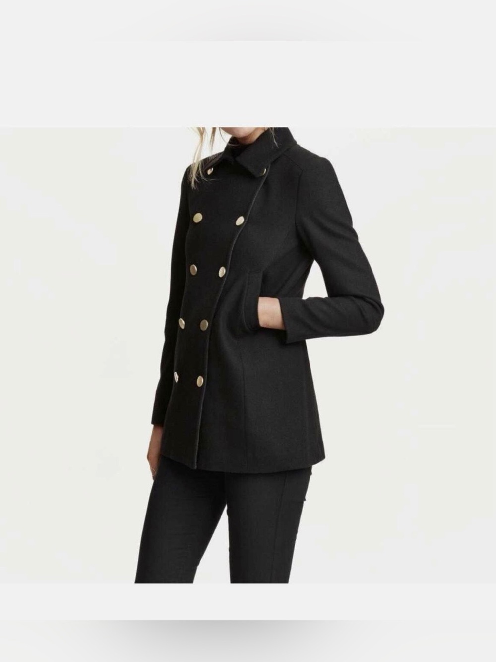 Zara Black Double-Breasted Pea Coat with Gold Buttons